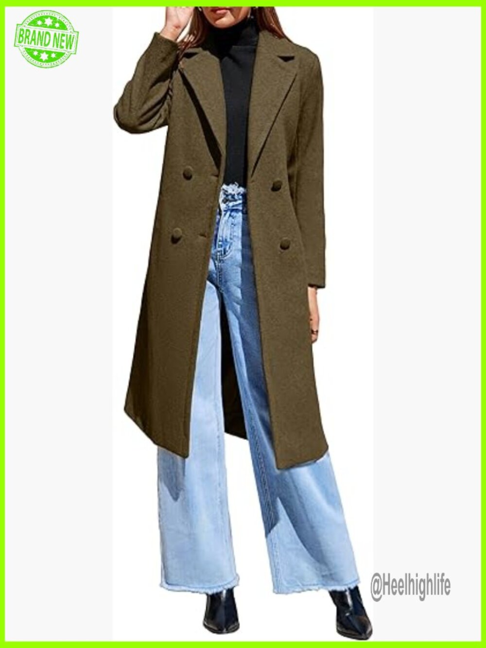 Double Breasted Long Pea Coat with Belt Notch Collar